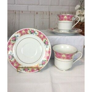 Elegant Pink & Gold Floral China Teacup Set of 2 Cup and Saucer
